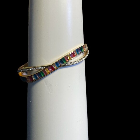 Gold-Plated Crossover Bangle Bracelet W/Multicolor Gemstones & Crystal Accents - Picture 5 of 5
